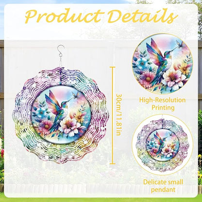 Hummingbird Wind Spinner Outdoor, Nature Gift for Women Men, Hanging Metal Wind Catcher with 5" Center Pendant, 12" 3D Stainless Steel Kinetic Art for Garden Yard Decor