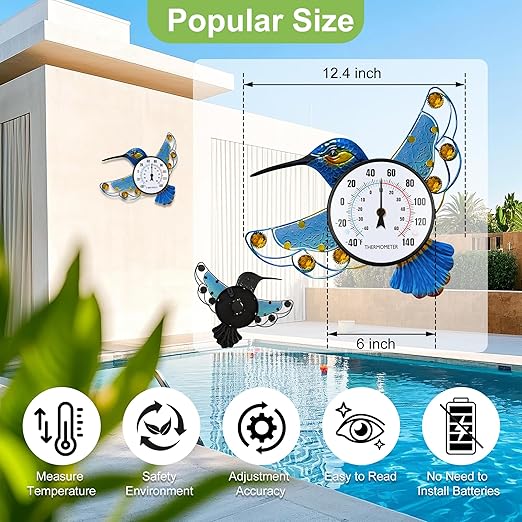 Indoor Outdoor Thermometer, Hummingbird Wall-Mounted Outdoor Thermometers Waterproof Decorative for Patio, Garden, Yard, Room, Large Number Easy to Read No Batteries Required