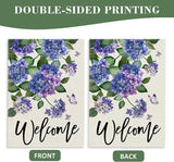 Welcome Spring Hydrangea Decorative Garden Flag, Purple Floral Flowers Butterfly Yard Outside Decorations, Summer Farmhouse Outdoor Small Home Decor Double Sided 12 x 18