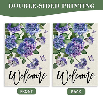 Welcome Spring Hydrangea Decorative Garden Flag, Purple Floral Flowers Butterfly Yard Outside Decorations, Summer Farmhouse Outdoor Small Home Decor Double Sided 12 x 18