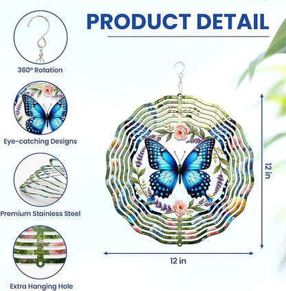 FLAGWIX Butterfly Wind Spinners Outdoor - 3D Stainless Steel Metal Spinner 12 in - Birthday Gifts for Mom, Butterfly Gifts for Women, Yard Decorations Outdoor, Garden Decor