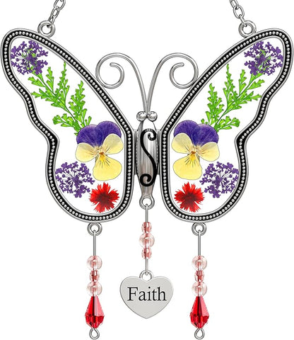 KY&BOSAM Suncatcher Butterfly Stained Glass Faith Suncatchers Ornament hangings for Windows Wind Chime with Pressed Dried Flower Wings Embedded in Glass for Mom Birthdays Christmas