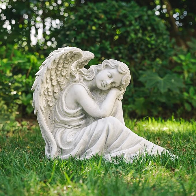 Glitzhome Resting Angel Statue Outdoor Garden Memorail Sculpture, 15in Tall, Cement Gray
