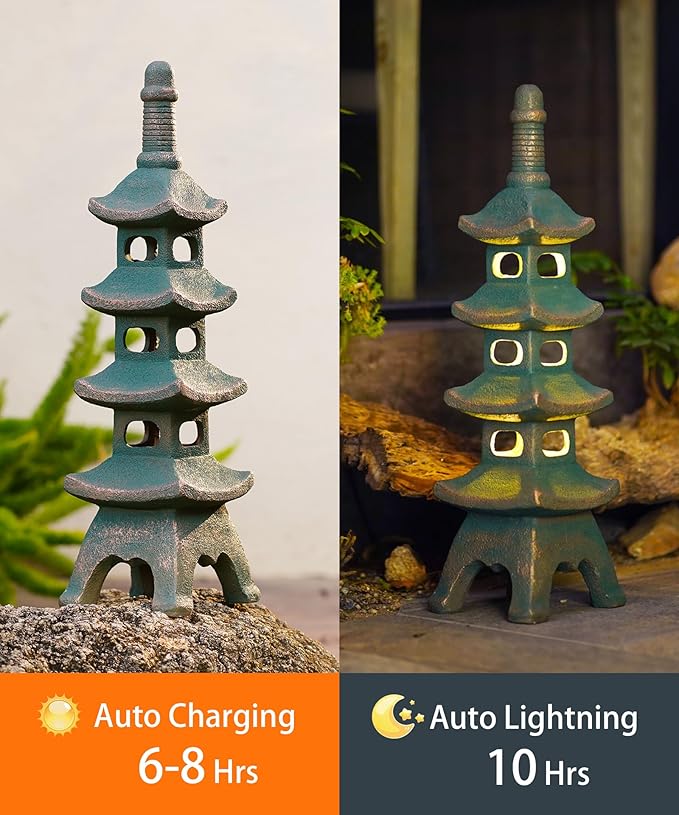 Nacome Solar Pagoda Garden Statues: 25.6 inches Multi-Layer Outdoor Waterproof Resin Zen Decor for Landscape Balcony Patio Porch Yard Ornament(Bronze)