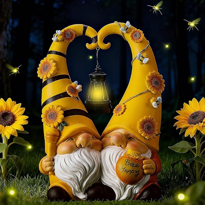 Kathfly Solar Spring Gnome Statue 11.8 Inches Garden Resin Sunflower Bee Gnome Statue with Solar Lights Double Cute Gnomes Statues for Mother' Day Birthday Gift Yard Patio Lawn Porch Decor
