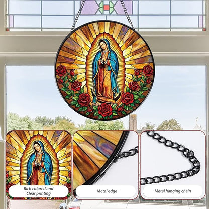 Rngmsi Virgen De Guadalupe Stained Glass Window Hanging, Christian Gifts Sun Catcher Housewarming, Decorative Suncatchers Religious Gifts for Wall Art Landscape Home Decor 8 Inch