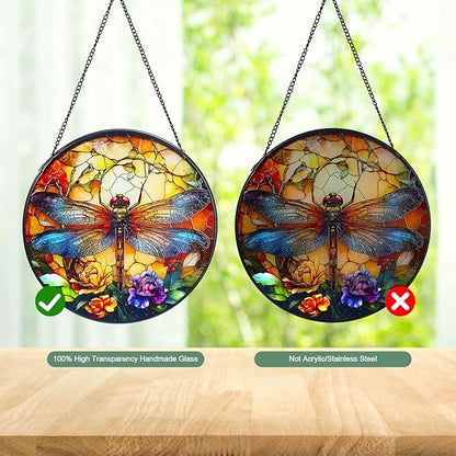 Dragonfly Stained Glass Window Hanging Suncatcher with Chain - 7.9" Outdoor/Indoor Art Decor for Home Garden, Wedding, Mother's, Dad's, Valentine's, Birthday, & Christmas Ornaments Present