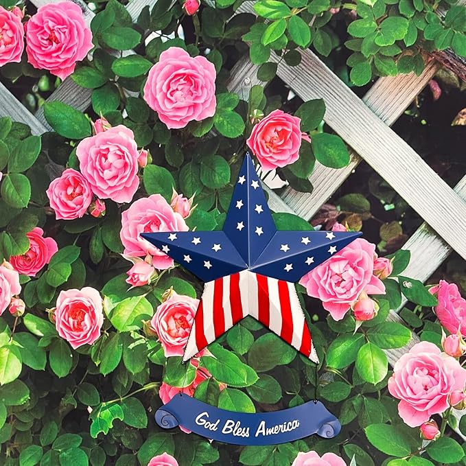 Rustic Metal 3D Barn Americana Stars, Patriotic USA Flag Wall Star with God Bless America Sign, July 4th Country Decor for Indoor & Outdoor Wall Decoration