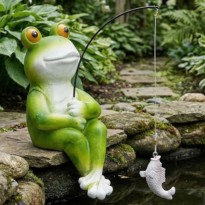 Elenon Funny Frog with Fishing Pole Garden Decorative, 9" Adorable Flower Bed Decor Frog Statue, Yard Patio Art Decor Sculptures Table Ornament