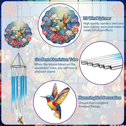 Hummingbird Wind Chimes for Outside - Hummingbird Wind Chimes with 3D Wind Spinners for Bird Lover, Hanging Art Ornament with Card for Indoors Room Home Wall Garden Patio Yard Porch Backyard