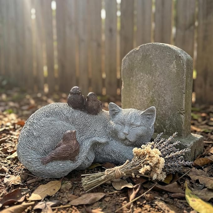 Resin Sleeping Cat Memorial Statue with Birds – Indoor Outdoor Garden Figurine Decor for Patio, Yard & Home, Realistic Tribute Sculpture, Sympathy Gift for Pet Lovers (11.4×7.3×5.9 in)