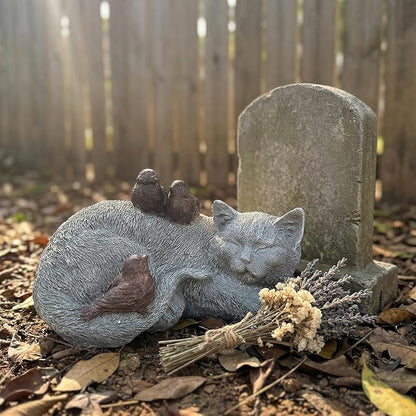 Resin Sleeping Cat Memorial Statue with Birds – Indoor Outdoor Garden Figurine Decor for Patio, Yard & Home, Realistic Tribute Sculpture, Sympathy Gift for Pet Lovers (11.4×7.3×5.9 in)