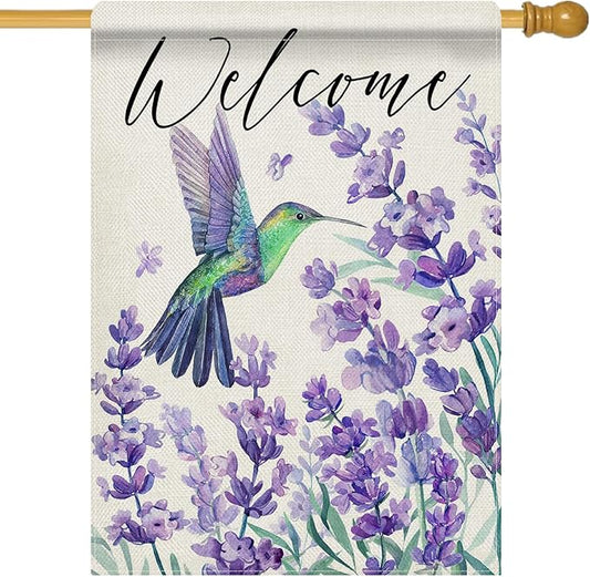 Dyrenson Welcome Spring Summer Hummingbird Lavender 28 x 40 House Flag Double Sided, Purple Flower Floral Garden Yard Decorations, Seasonal Burlap Outdoor Decor Decorative Large Flag