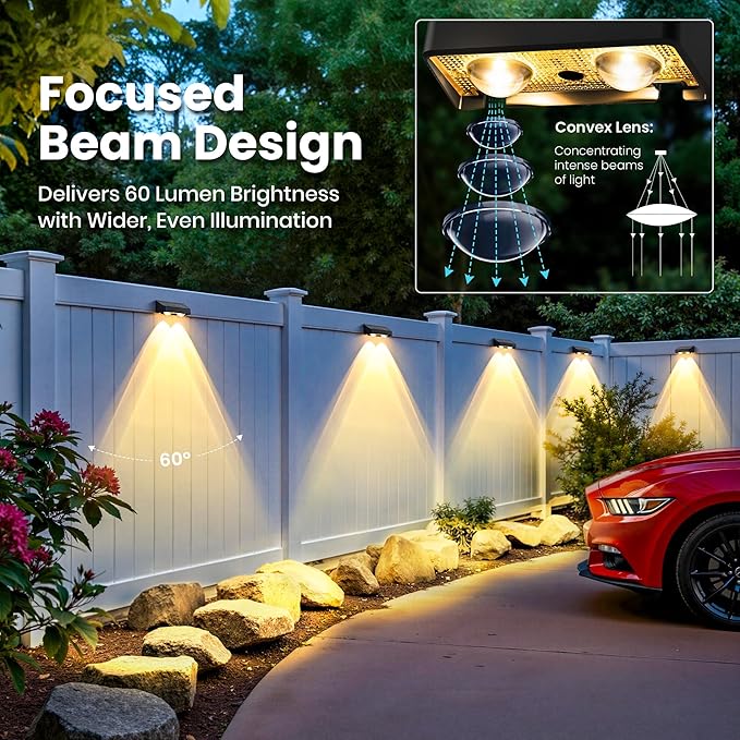 Solar Fence Lights Outdoor,50 LM 11 Modes & 9 Colors Solar Lights with Brighter LED Focus Lens Waterproof IP65 for Wall Backyard Deck Patio Porch Step Railings Pool Decor（4 Pack）