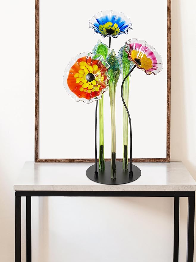 Dale Tiffany AS23093 Fiore Bloom Hand Blown Glass Flower Petal Art Glass Sculpture with Metal Stand for Indoor Garden Patio Decoration, Multi Color, 3-Plate 34.5" Tall