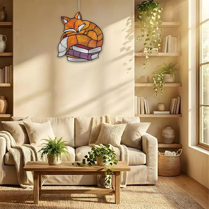 Sleeping Fox Book Acrylic Suncatcher, Bookish Suncatchers for Window Hanging Ornament, Art Garden Decor for Book Lover Reader Bookworm, Gifts for Mother's Day, Mom, Grandma, Wife, Women, Nana