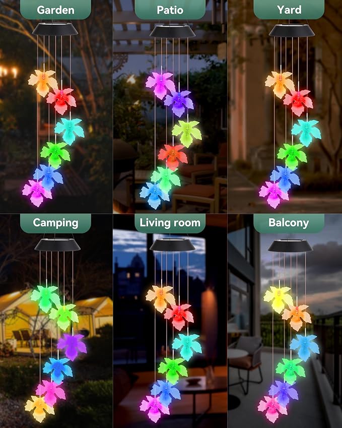 DOUBLEZHE Solar Wind Chimes for Outside, Color Changing Maple Leaf Wind Chimes, Birthday Gifts for Women Mom Grandma, Waterproof Outdoor LED Decoration Mobile Lights for Garden Patio Yard Party Decor