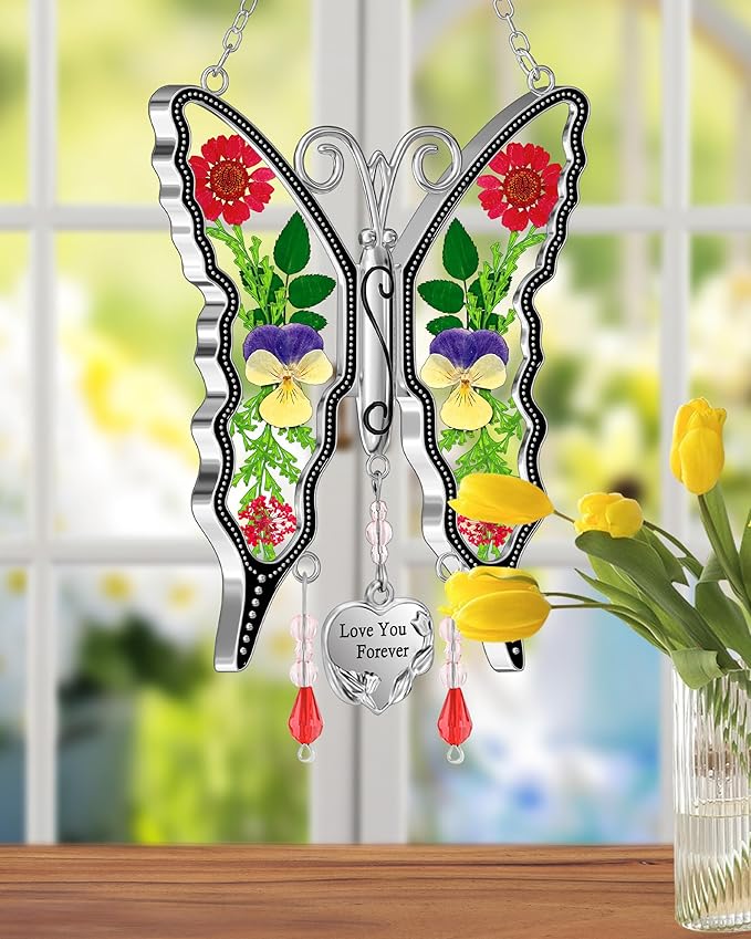 KY&BOSAM Butterfly Suncatcher for Windows Hangings Stained Glass Love You Forever Sun Catchers Hangings Wind Chime Gifts for Women Grandma Mom Mother`s Day Valentine's Birthday Christmas Thanksgiving
