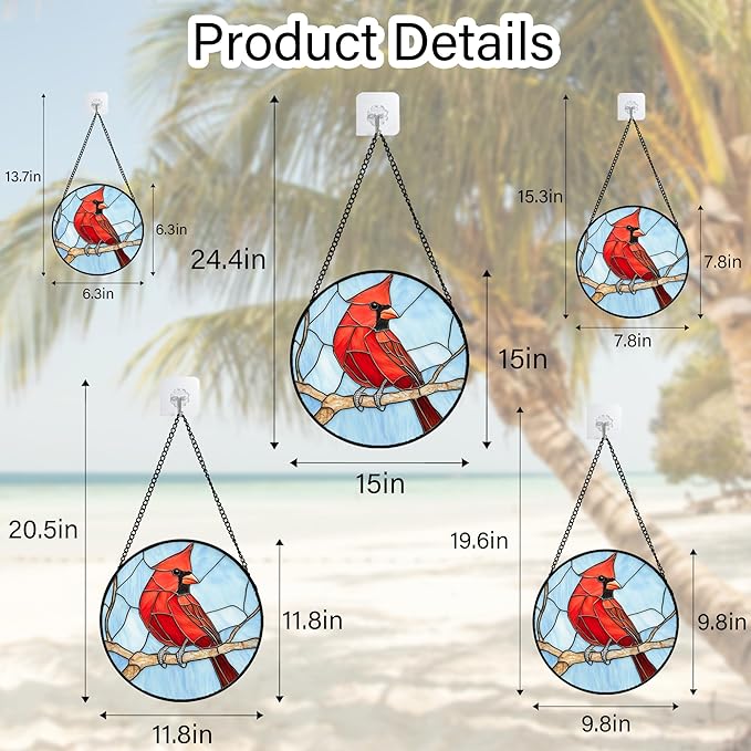 Stained Glass Window Hanging Cardinal Birds Large 15" - Suncatcher Door Garden Sun Catcher Home Decor Christmas Birthday for Bird Lovers Woman Her Nana Wife Men Mom