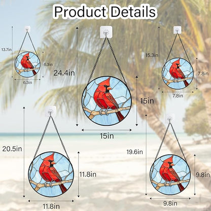 Stained Glass Window Hanging Cardinal Birds Large 15" - Suncatcher Door Garden Sun Catcher Home Decor Christmas Birthday for Bird Lovers Woman Her Nana Wife Men Mom