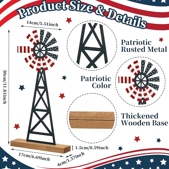 Tandefio 1 Pcs Patriotic Farmhouse Windmill Table Top 11.8 Inch Metal Rustic 4th of July Vintage Desk Shelf Decor Farmhouse American Red White Blue Windmill for 250th Anniversary Memorial Day Home