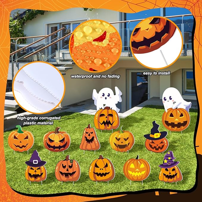 Amyhill 12 Pcs Halloween Pumpkin Yard Signs for Outdoor Halloween Ghost Jack O Pumpkin with Witch Hats Lawn Stakes Spooky Trick or Treat Yard Decorations for Garden Prop Home Party Decor