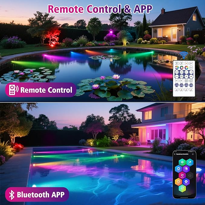 T-SUN Color Changing Pond Lights LED Underwater Fountain Lights with Bluetooth APP Control, IP68 Waterproof Submersible Spotlight for Aquariums, Fish Tanks, Pools, Garden and Yard Ponds (Set of 6)