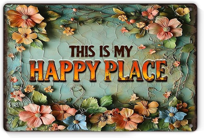 Garden Signs for Outside, Funny Metal Signs for Porch Garden Patio Yard - This is My Happy Place, Vintage Gardening Gifts for Women, Wall Decor 12" x 8"