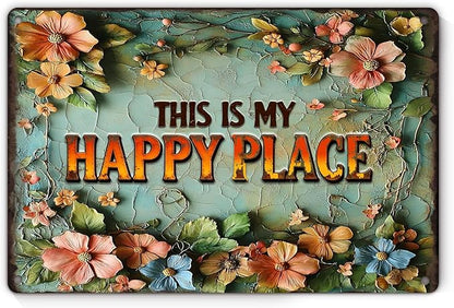 Garden Signs for Outside, Funny Metal Signs for Porch Garden Patio Yard - This is My Happy Place, Vintage Gardening Gifts for Women, Wall Decor 12" x 8"