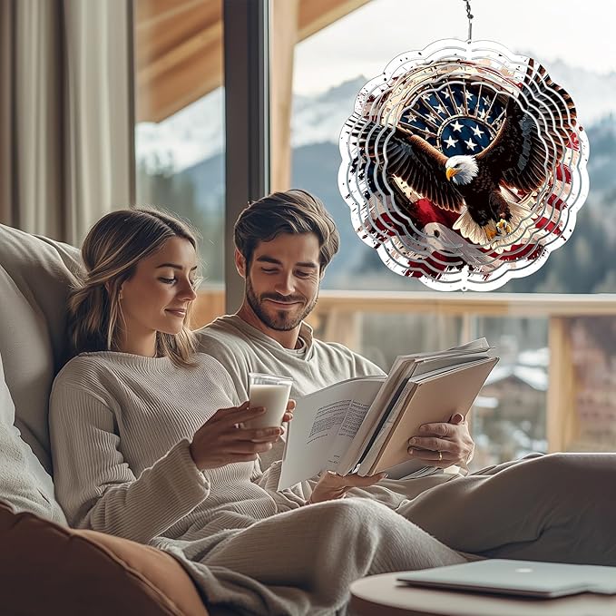 Eagle American Flag Wind Spinner Outdoor, USA 250th Anniversary Wind Chime, 8 Inch 3D Metal Garden Wind Spinner, Stainless Steel Patriotic Yard Hanging Decor Gift
