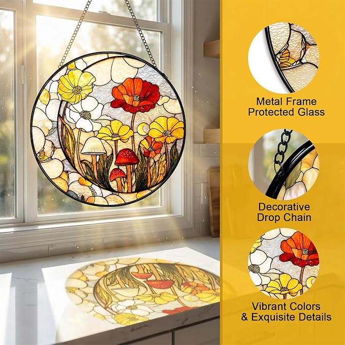 Stained Glass Sun Catcher Window Hanging - Mushroom Flower Plant Design, Well Made Indoor Home Decor for Mother's Day, Birthday, Christmas - Ideal for Women, Mom (Yellow) 7.8in