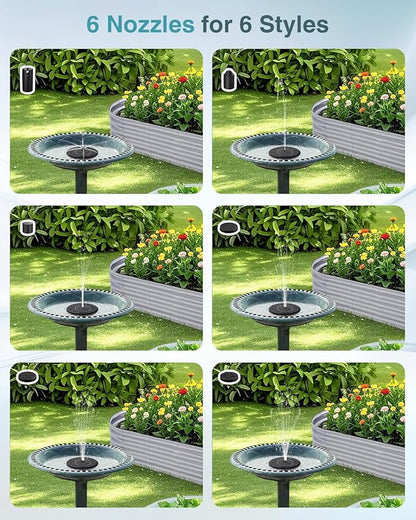 Solar Water Fountain for Bird Bath, 2026 Upgraded Solar Powered Fountain Pump with 6 Nozzle for Outdoor Garden, Pond, Pool, Birdbath
