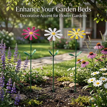 Flower Garden Stake Decor, Outdoor Plant Pick Water Proof Metal Sunflower Daisy Stick for Lawn Yard Patio, Pathway Ornament, Set of 3