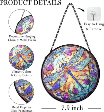 Dragonfly Suncatcher Stained Glass Window Hanging Decor, Dragonfly Insect Flower Stained Glass Wall Decor, Nature Floral Lawn Garden Sun Catchers Indoor Window Hanging Wall Art, 7.9x7.9In