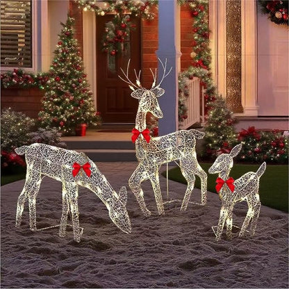 Pre-Lit Outdoor Christmas Deer Family Set, 2D Lighted Reindeer Decoration, 60 LED Warm White Lights, 3-Piece, Waterproof,Battery Powered for Indoor Outdoor Yard Display (A)