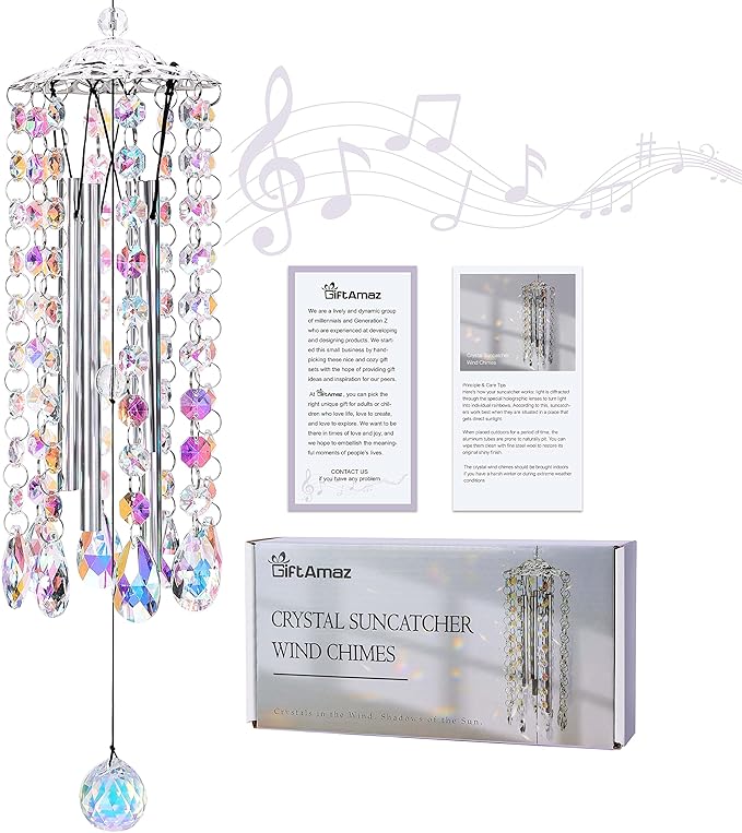GiftAmaz Crystal Suncatcher Wind Chimes with 4 Tuned Tubes, Hanging Prism Rainbow Maker Chandelier Crystal Pendant Wind Chime Window Hanging Ornament Gift for Women Friends Home Garden Decor Birthday
