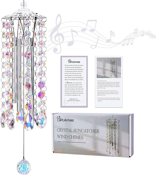 GiftAmaz Crystal Suncatcher Wind Chimes with 4 Tuned Tubes, Hanging Prism Rainbow Maker Chandelier Crystal Pendant Wind Chime Window Hanging Ornament Gift for Women Friends Home Garden Decor Birthday