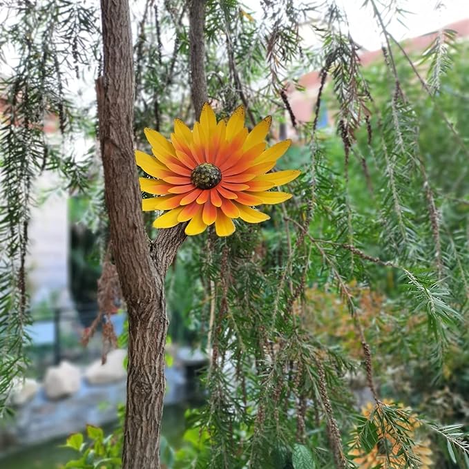 Metal Flower Wall Art Decor 12 in Iron Beautiful Floral Sculpture Hanging Wall Statue for Home Garden Patio (Color : Orange)