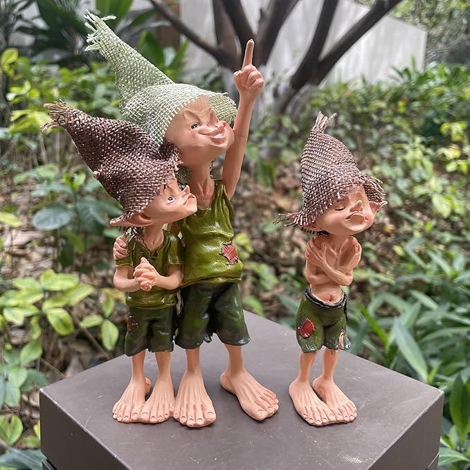Cute Pixie Statue Fairy Garden Elf Brothers Figurine, Resin Craft Gift Desktop Ornament, Outdoor Statue for Patio, Lawn, Yard Decor