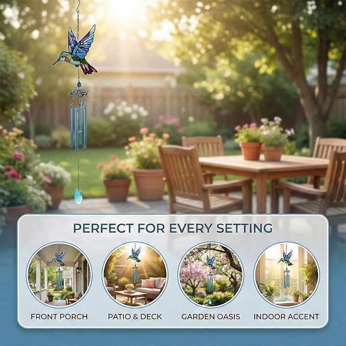Wind Chimes for Outside, Blue Stained Glass Hummingbird Wind Chime, Deep Tone Memorial Gifts for Women Mom Grandma, Durable Metal Garden Patio Yard Window Decoration