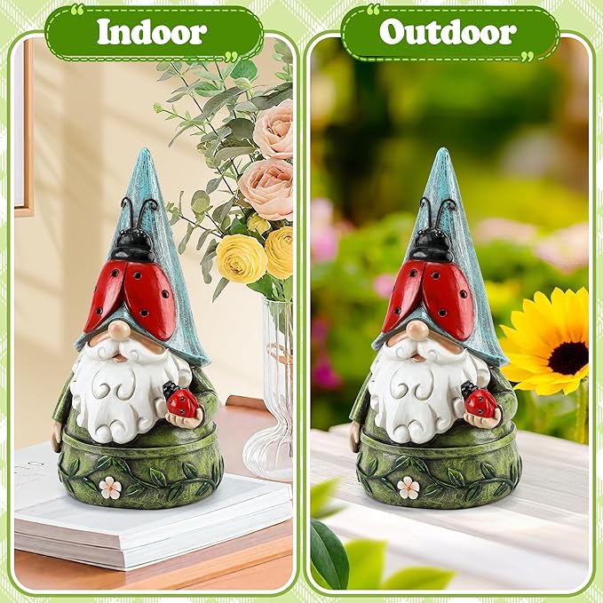 Garden Ladybug Gnome Statues Outdoor Decor for Patio, Yard, Lawn, Porch, Home, Table, Spring Summer Ladybug Gnomes Figurines 7.3" Tall Elf Ornament Gifts for Mother Women