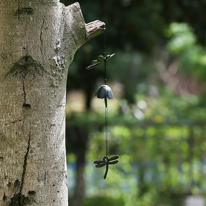 Japanese Wind Chime Cast-Iron Outdoor Ornament for Garden, Patio & Balcony, Hanging Metal Wind-Bell Decoration Gift, Blessing Pendant Windchimes, Green Dragonflies