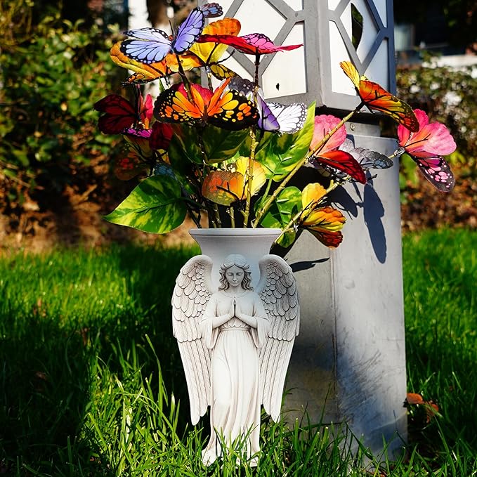 Solar Angel Grave Decorations - Metal Silhouette Memorial Stake with Butterfly Lights, Flat Garden Decor for Cemetery, Sympathy Gift(Angel with Flowers)