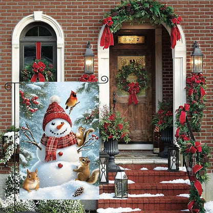 Winter Garden Flags for Outside 12x18 Double Sided, Burlap Holiday Farmhouse Rustic Squirrel Snowman Garden Flag Winter Xmas Decorations, Small Outdoor Christmas Flags for Yard Garden