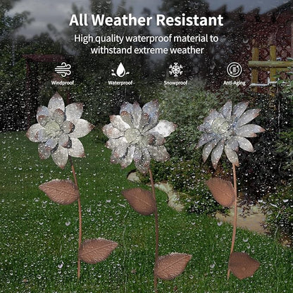 Garden Stakes Decorative, Metal Flowers for Outside, Glow in Dark Yard Lawn Ornaments Plant Pot Flower Bed Decor, Patio, Set of 3, Gold Flower