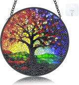 Stained Glass Window Hanging - 6.3 Inch Colorful Tree of Life Suncatcher, Tree of Life Wall Art for Window Home Door Garden Outdoor Decor and housewarmings Birthday, Gifts for Adults Women Men Mom