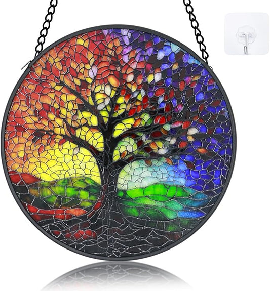 Stained Glass Window Hanging - 6.3 Inch Colorful Tree of Life Suncatcher, Tree of Life Wall Art for Window Home Door Garden Outdoor Decor and housewarmings Birthday, Gifts for Adults Women Men Mom