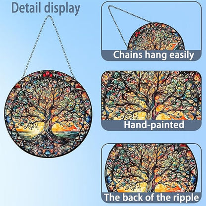 Tree of Life Suncatcher Indoor/Outdoor Stained Glass Window Hanging - Handmade Stained Glass Suncatchers for Windows Hanging - Decoration for Home Garden Christmas Party Wedding Housewarming Gifts
