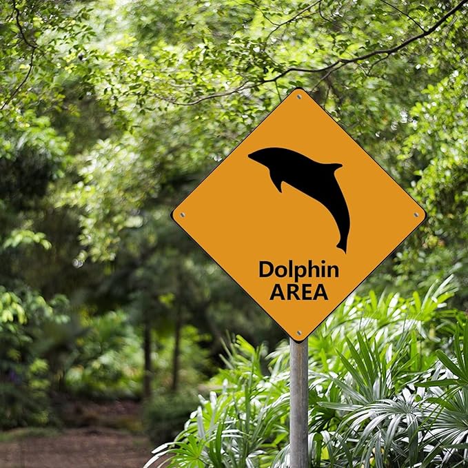 Warning Dolphin Area Metal Tin Sign Ocean Animal Caution Crossing Xing Street Sign Yellow Diamond Shape Funny Metal Sign For Indoor Outdoor Highway10x10in