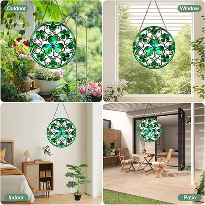 Ireland Green Lucky Clover Stained Glass Window Hanging Suncatcher with Chain - 7.9" Irish Shamrock Outdoor/Indoor Art Decor for Home Garden, St. Patrick's Day, Mother's,Ornaments Present